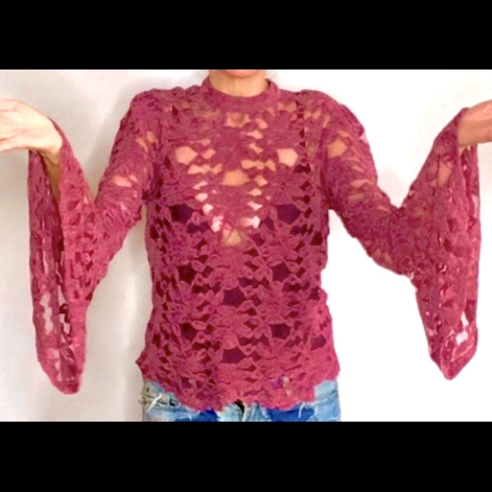 Dusty rose embroidered lace boho bell sleeve top